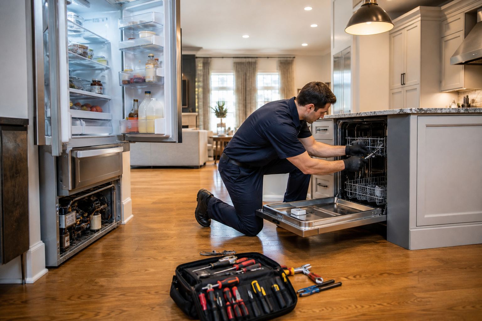 Appliance repair technician at work